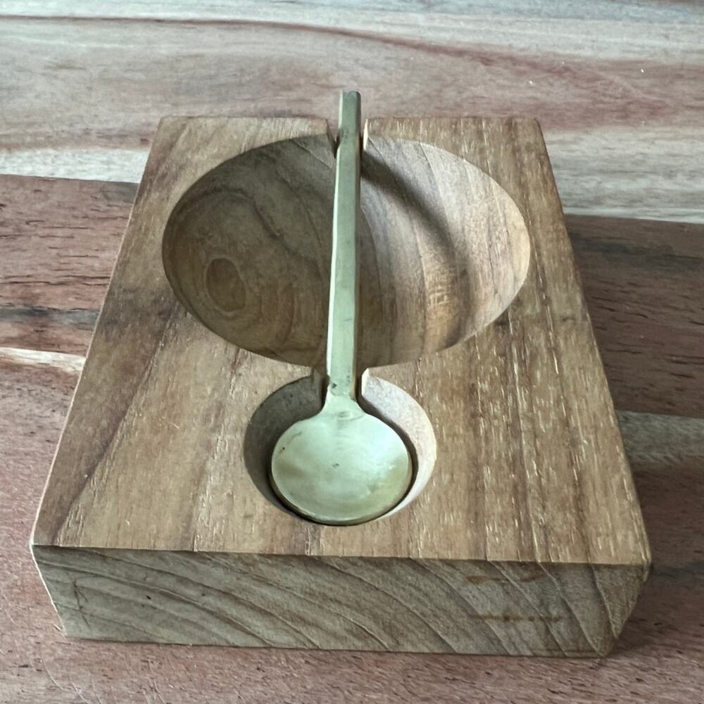 handcrafted Be Home Teak Plank Spice Cellar Gold Spoon Table Kitchen Decor MCM